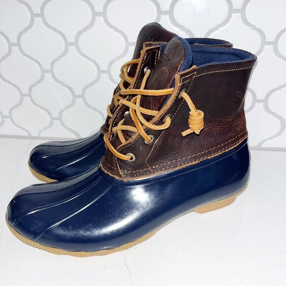 SPERRY Women's Saltwater Duck Boot Leather Size 9 US Brown Blue Gum Rubber Zip - Picture 1 of 8